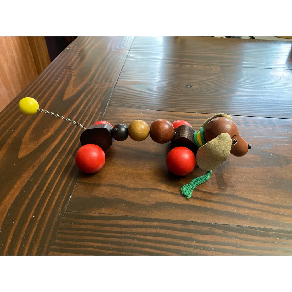 Vintage Lorenz Dachshund Dog Wood Pull Along toy German Leather Ears Spring